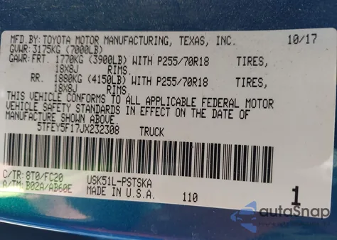 2018 Toyota Tundra Sr5 5.7L V8 z USA, uszkodzony, nr VIN 5TFEY5F17JX232308